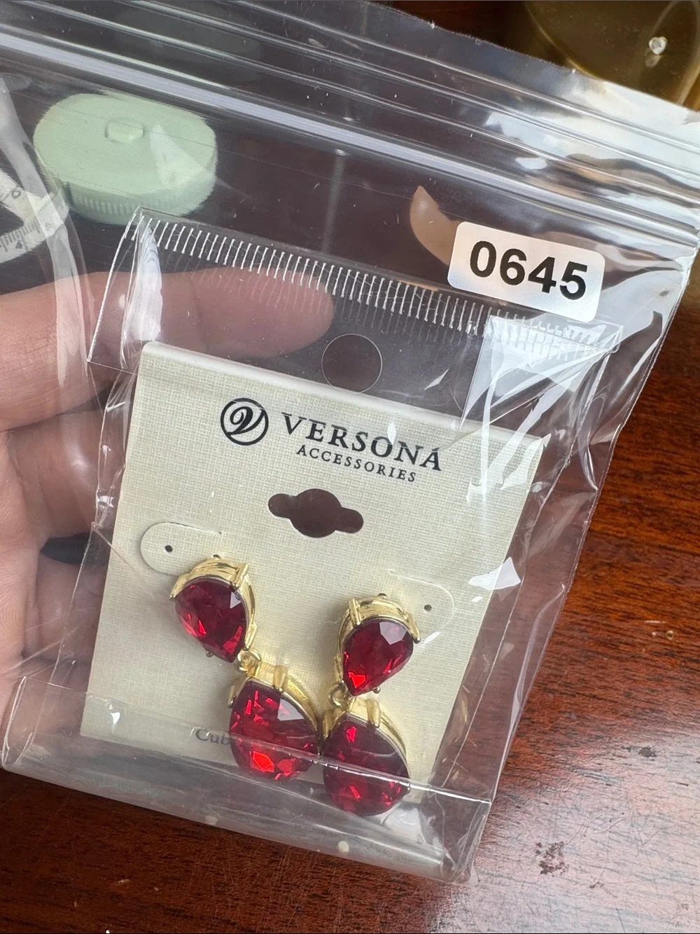 0645-Versona Gold-Tone Red Teardrop Dangle Earrings